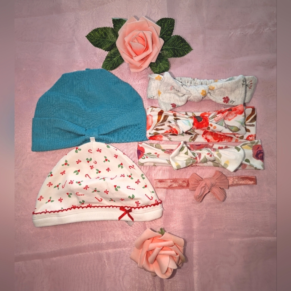Infant Girl Beanie And Headband Lot